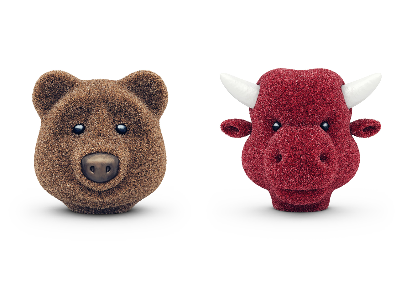 Duas cabe&ccedil;as de peluche, um touro vermelho e um urso castanho.