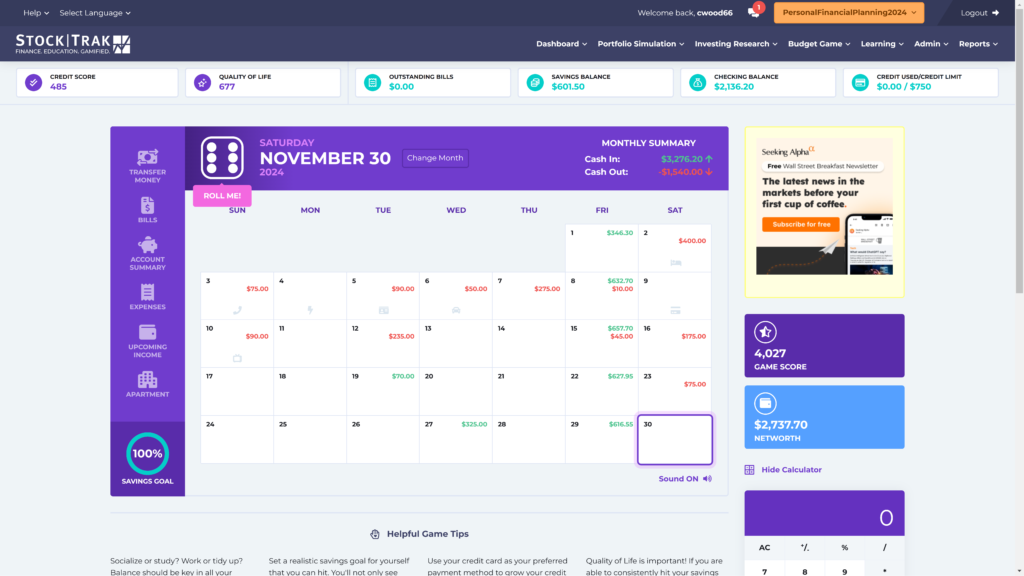 Personal Budgeting Game on StockTrak