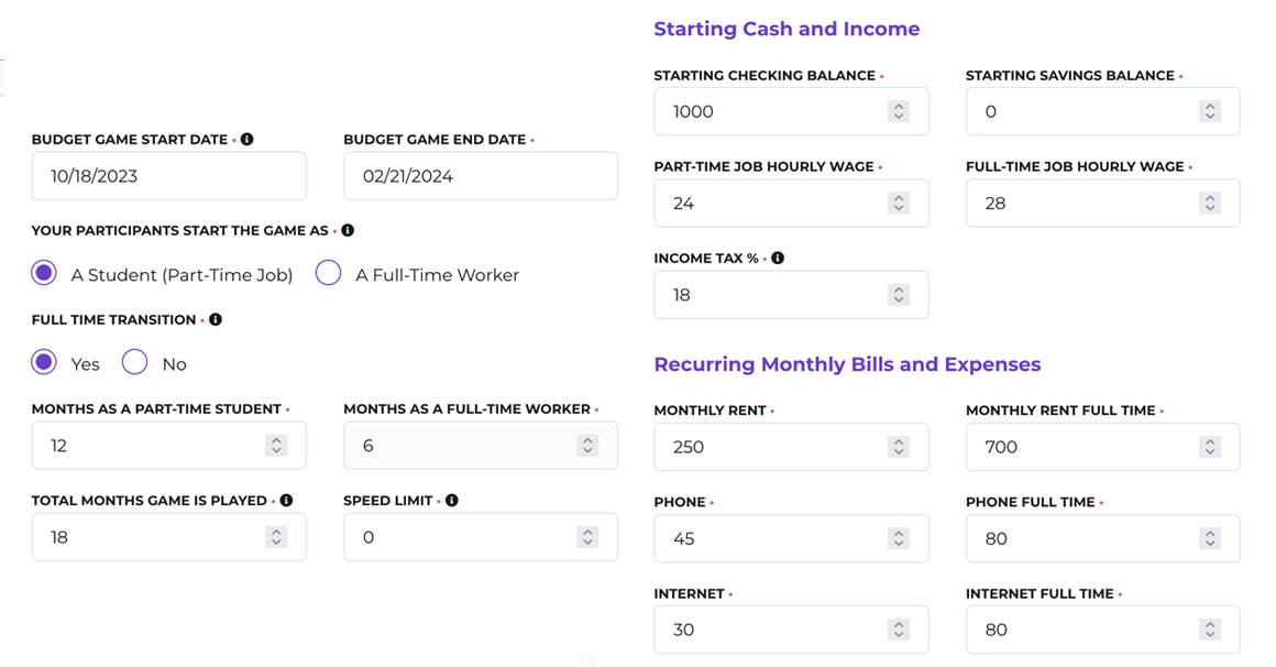 customizable budgeting game
