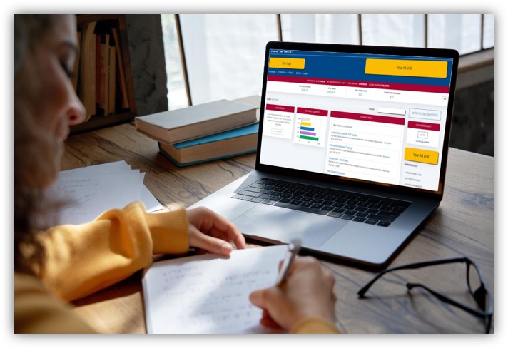 Stock-Trak white-label trading and financial education platform shown across multiple devices