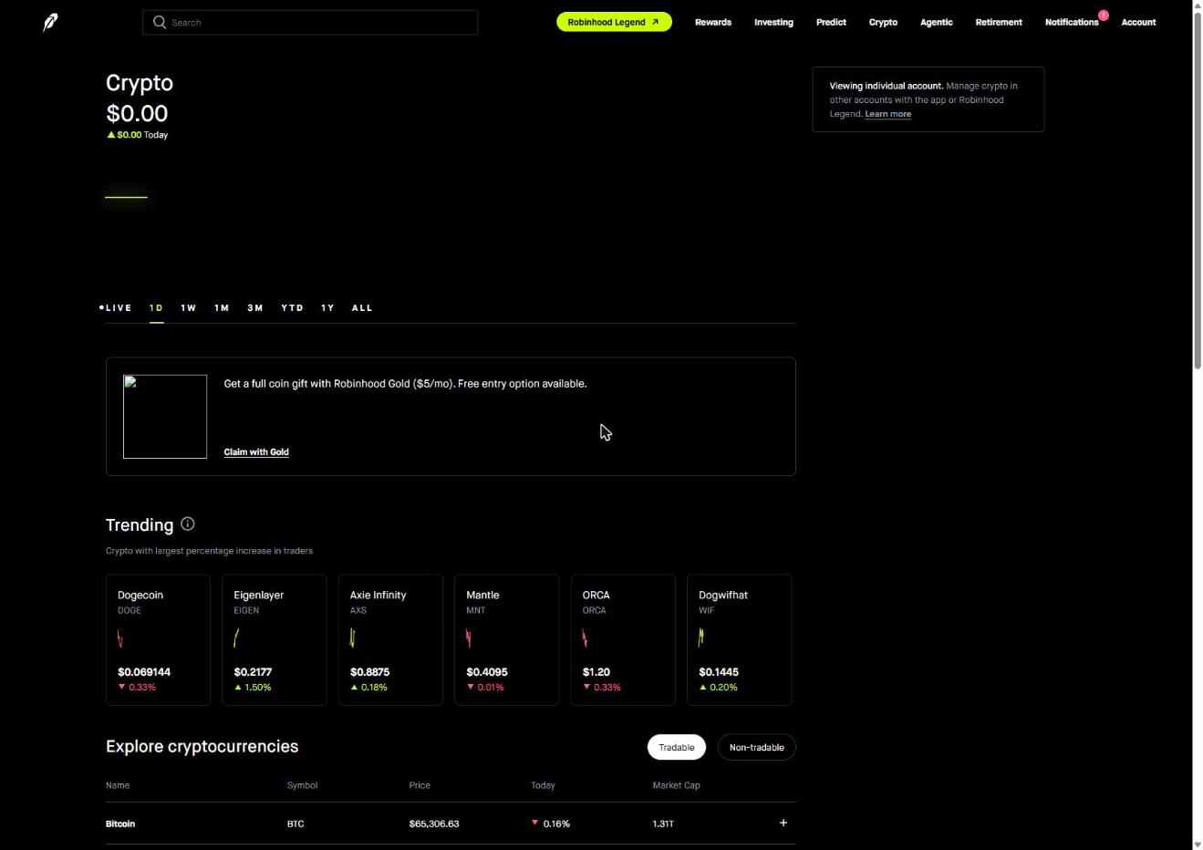 Robinhood crypto hub showing tradable cryptocurrencies you can buy commission-free