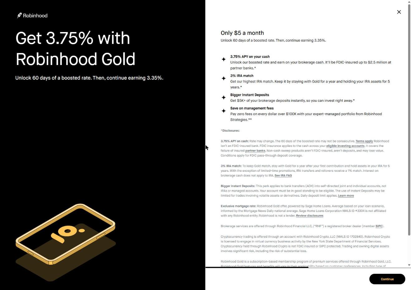 Robinhood Gold membership screen listing APY and IRA match perks